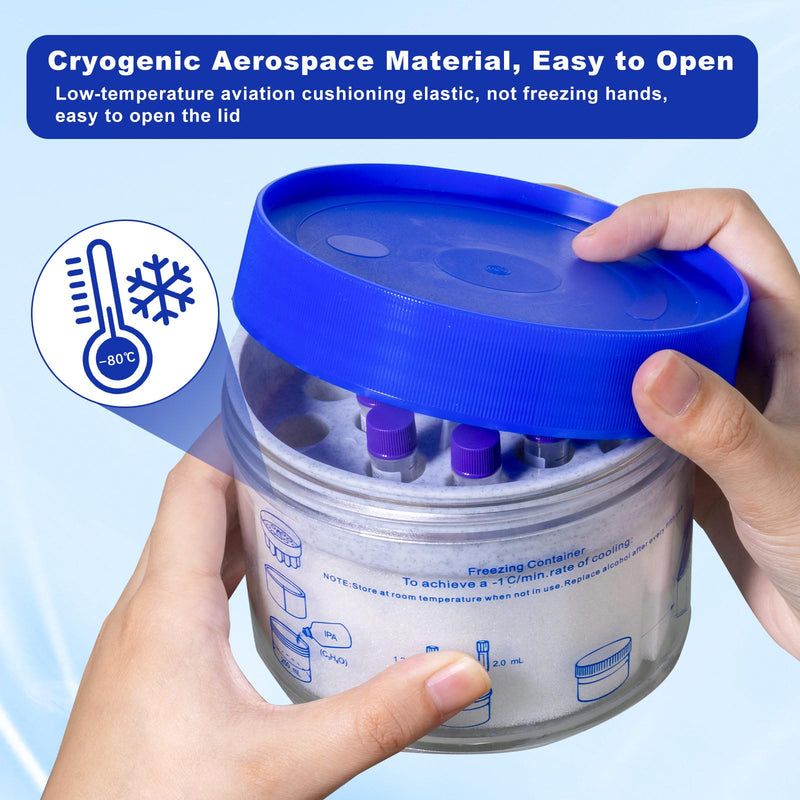 18-Well Cryobox, -1℃(-33.8℉) Freezing Container for 1.2-2mL Tubes | PC box body, HDPE cover, foam liner, isopropanol-based cooling, no liquid evaporation, -80°C compatible, lab research use