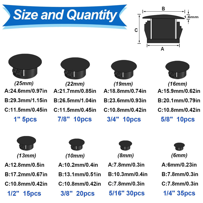 Tnisesm 135Pcs 8 Sizes Nylon Plastic Hole Plugs Black 1/4" 5/16" 3/8" 1/2" 5/8" 3/4" 7/8" 1" Round Drill Hole, Flush Type Panel Knockout Locking Plugs, Furniture Cabinet Insert End Caps 8 Size Black(1/4"-1"-135Pcs)