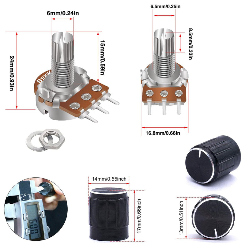 Taiss 80PCS Potentiometer Kit,WH148 B5K 10K 20K 50K 100K Ohm Single Linear Taper Rotary Audio B Type Potentiometers with Rotary knobs and Nuts, Washers