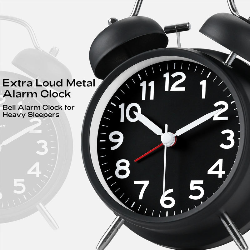 AKCISOT Loud Alarm Clock for Heavy Deep Sleepers, 4.5 Inches Analog Metal Twin Bell Clocks Battery Operated with Backlight for Bedroom Bseide, Old Fashioned for Desk Home Decoration (Black) B_black 4.5 Inch