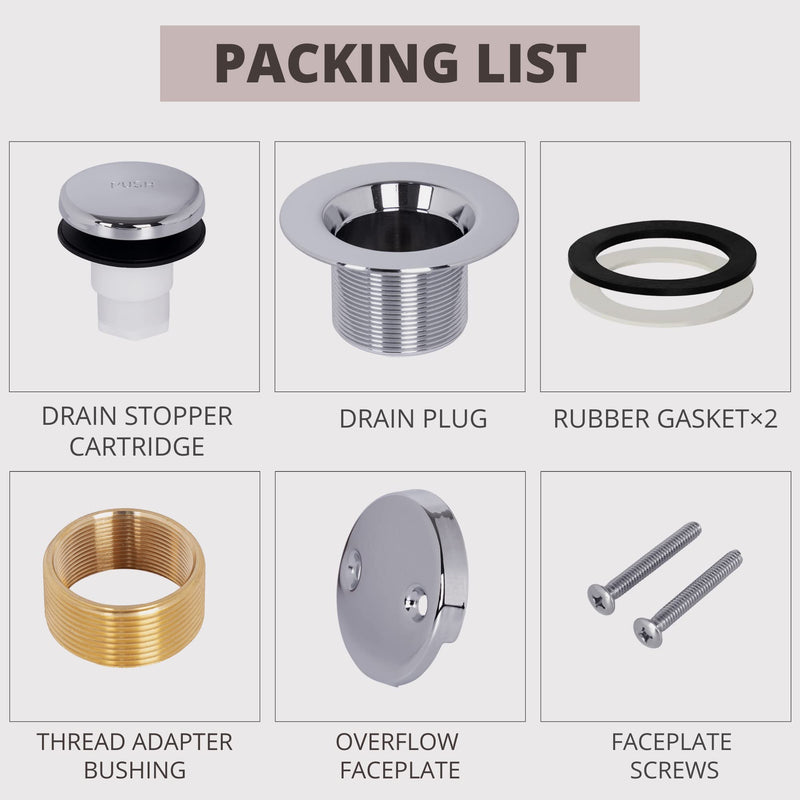 Bathtub Drain Tip-Toe Tub Trim Kit with Two-Hole Overflow Faceplate, All Brass Bathtub Drain Stopper Plug with Universal Fine/Coarse Thread, Lift & Turn Tub Conversion Set (Chrome Plated) Chrome Plated