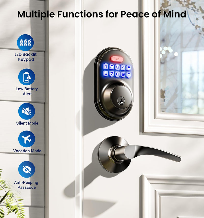 Veise Keyless Entry Door Lock with 2 Lever Handles - Electronic Keypad Deadbolt, Auto Lock, Back Lit & Easy Installation Design, Front Door Handle Sets, Matte Black