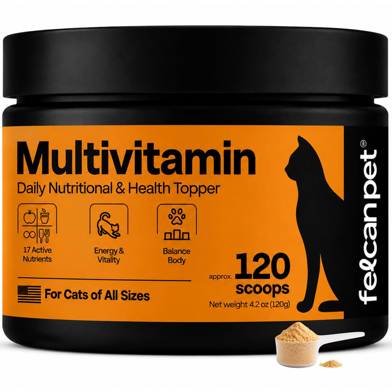 Daily Cat Food Topper – Cat Multivitamin Powder with 17 Active Nutrients, Taurine, Omega 3 & Glucosamine – Mixes Easily into Wet or Dry Food – Supports Energy & Vitality – 120 Scoops
