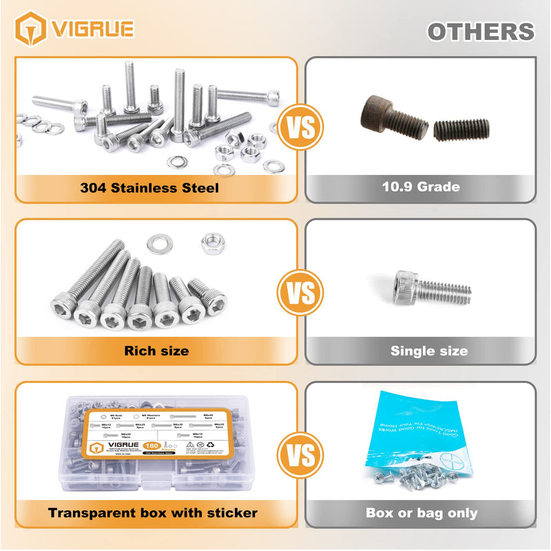 VIGRUE 180Pcs M6 Stainless Bolt Kit, M6x12/16/20/25/30/35/40mm Hex Socket Head Cap Screws Nuts Washers Assortment, Full UNC Thread M6 socket cap