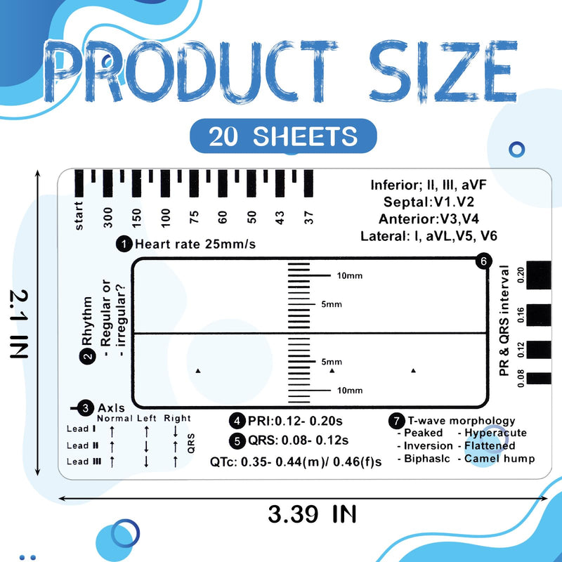 Sabary 20 Pcs ECG 7-Step Ruler, Clear Plastic EKG Calipers Measuring Tool, Portable Transparent Electrocardiogram Card for EKG Interpretation Nurse Doctor Medical Ruler