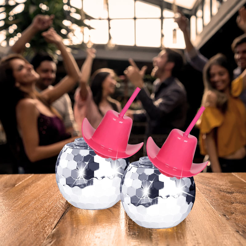 Disco Ball Cups,6 Pcs Silver Disco Cups with Cowboy Hat Lid and Straw, Sparkly Glitter Disco Ball Tumbler Pink Western Cowgirl Hat Disco Ball Cocktail Cup for Party Supplies
