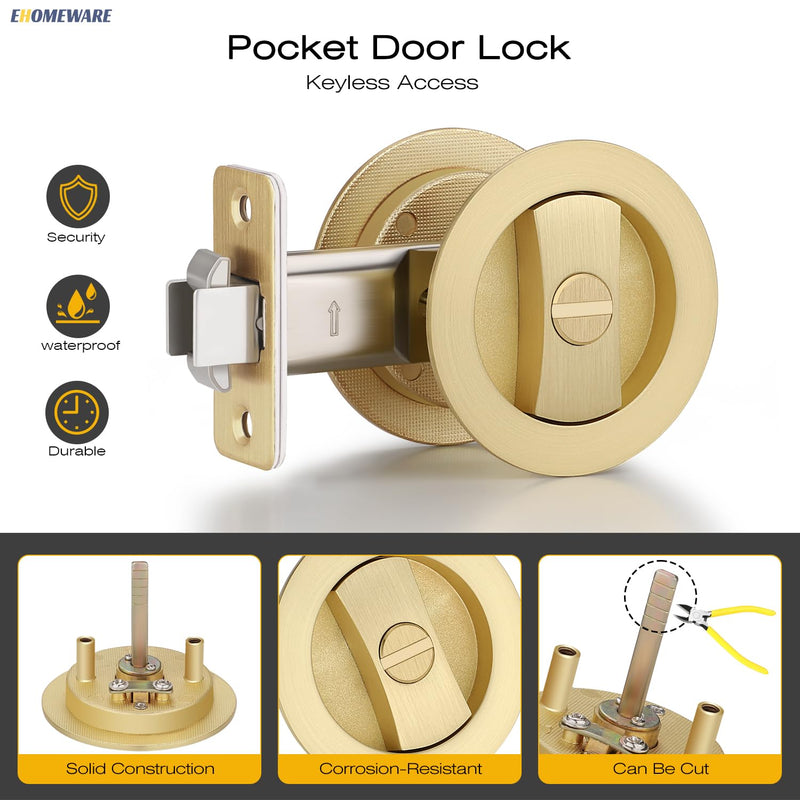 EHOMEWARE 2 Pack Brushed Gold Pocket Door Lock, Keyless Pocket Door Hardware, Round Pocket Door Handles for Sliding/Bifold Doors, Flush Pocket Door Privacy Lock Privacy Door Lock-2 Pack Satin Brass