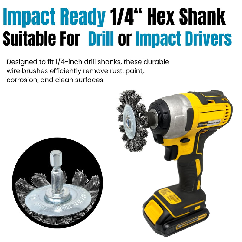 5pk 3in Knotted Wire Brush Wheel for Drill and Impact Driver, 1/4in Hex