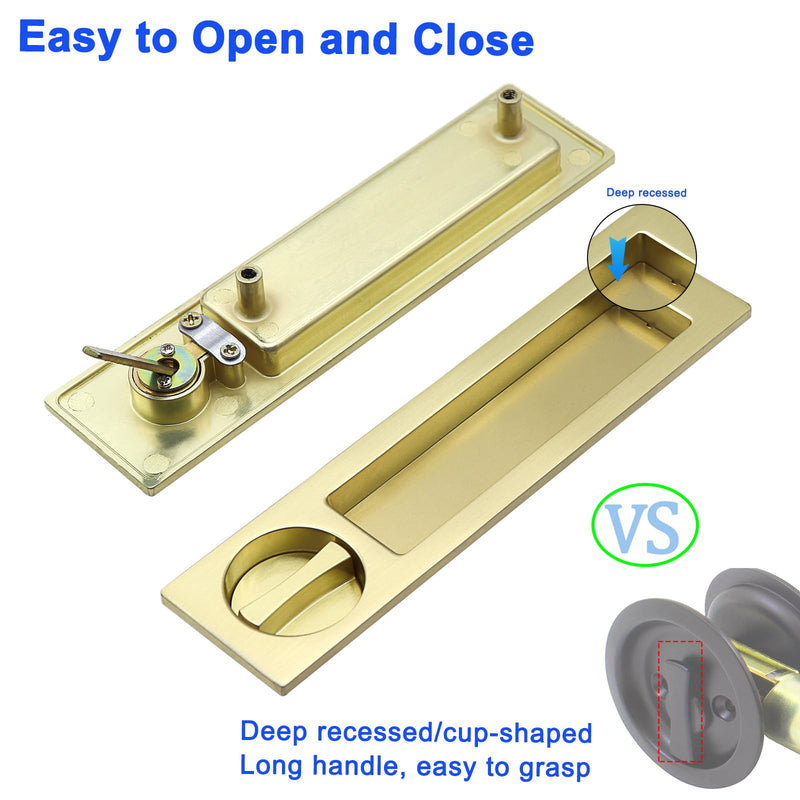 Dontay Pocket Door Handle with Lock and Edge Pull, Narrow Modern Rectangular Keyed Entry Function, Recessed Sliding Door Hardware for 1 3/8” to 2 3/16” Thickness Door (1, Satin Brass)