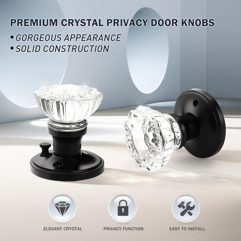 KNOBWELL Privacy Glass Door Knob Crystal Regency Fluted Door Knobset with Victorian Rosette in Matte Black, Bedroom Bathroom Door Knobs 2 Pack