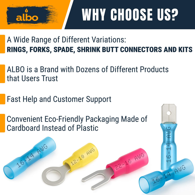 ALBO 500PCS Heat Shrink Ring Terminal Kit – Wire Terminal Connectors Assortment for 22-10 AWG, Waterproof Electrical Connectors Set – Tinned Copper Electrical Ring Terminals Set AWG 22-10 500 pcs
