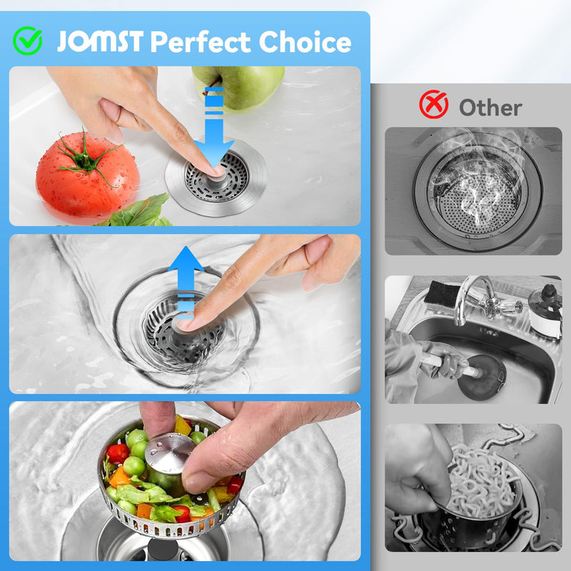3 in1 Kitchen Sink Drain Strainer, 10,000 Press Test 304 Stainless Steel Pop-up Sink Stopper, 3 in 1 Fast Drain Deodorizing Anti-Clog Strainer for RV Kitchen Standard 3-1/2 in Bathroom Sink Plug