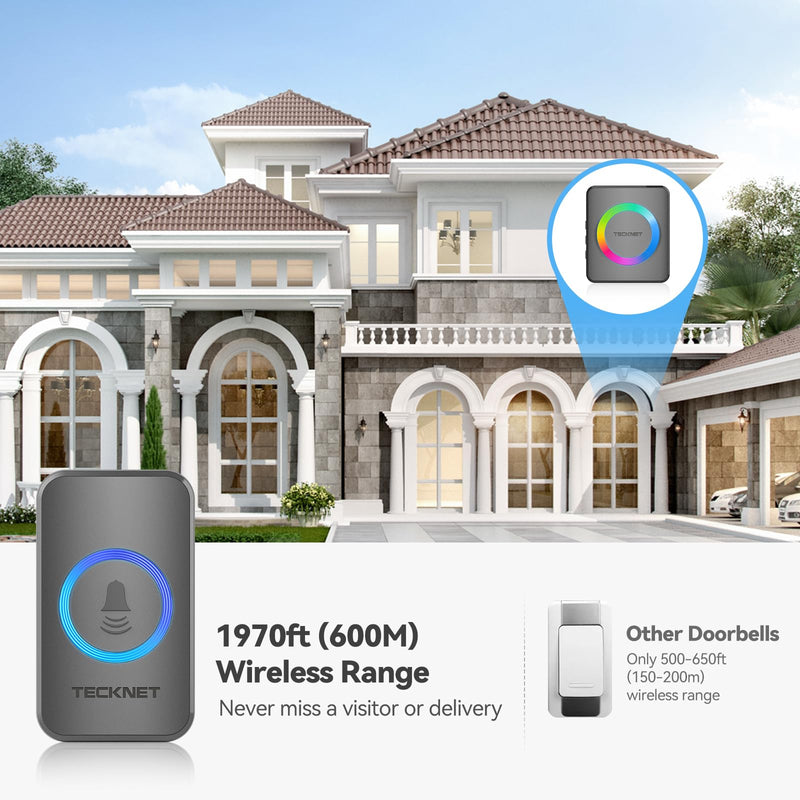 TECKNET Wireless Doorbells for Home, IP65 Waterproof 1,970Ft 120dB Door Bell Ringer Wireless for Classroom with 60 Chimes & 5 Volume Levels, RGB Flash Tarnish