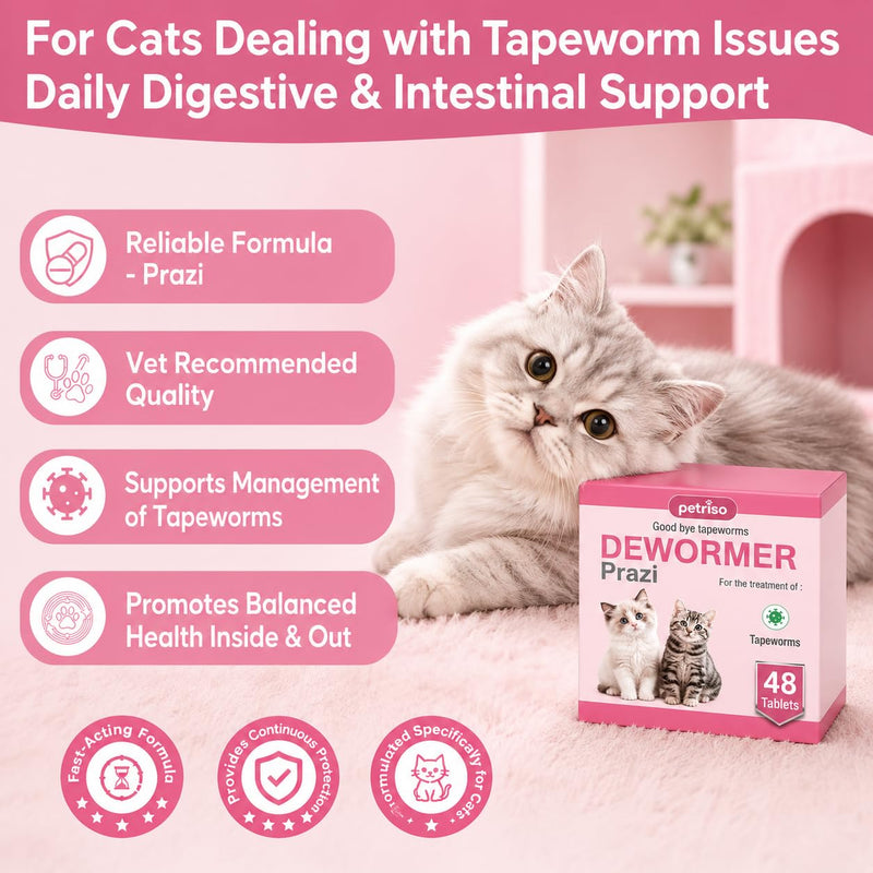 Tapeworm Solution for Cats and Kittens, Say Goodbye to Tapeworms in Cats and Kittens, Rapid Absorption, 48 Tablets
