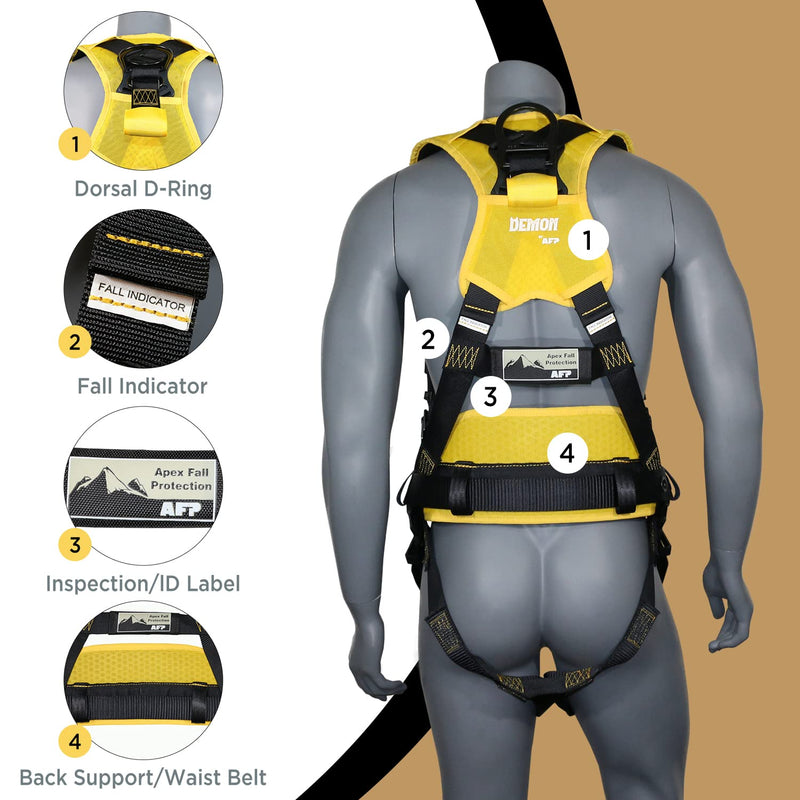 AFP Demon Fall Protection Comfortable Safety Harness (OSHA/ANSI PPE) Harness Only Yellow Small-Medium