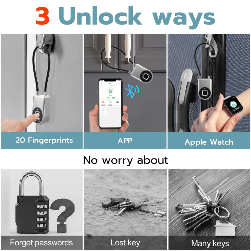 Fingerprint Gate Lock, 3.6'' Long Cable Fingerprint Lock, Smart Keyless Biometric Waterproof Outdoor Bluetooth Cord Gate Lock for Outdoor Fence Gym Locker Helmet Case Silver 3.6'' Shackle