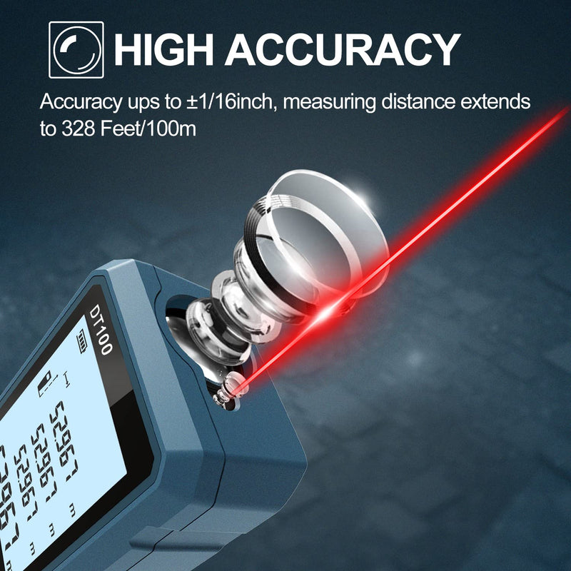 HANMATEK Laser Measure 328 Feet Digital Laser Tape Measure M/in/Ft Unit Switching Backlit LCD and Pythagorean Mode, Measure Distance, Area and Volume - Hand Strap and Battery Included DT100 328ft