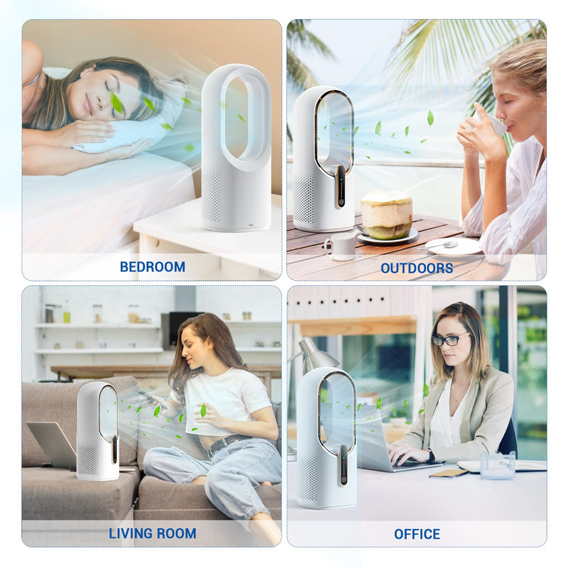 Bladeless Desk Fan, 11.8 Inch Small Rechargeable Fan, 30dB Quiet, 3 Speeds White/Gold, With Battery