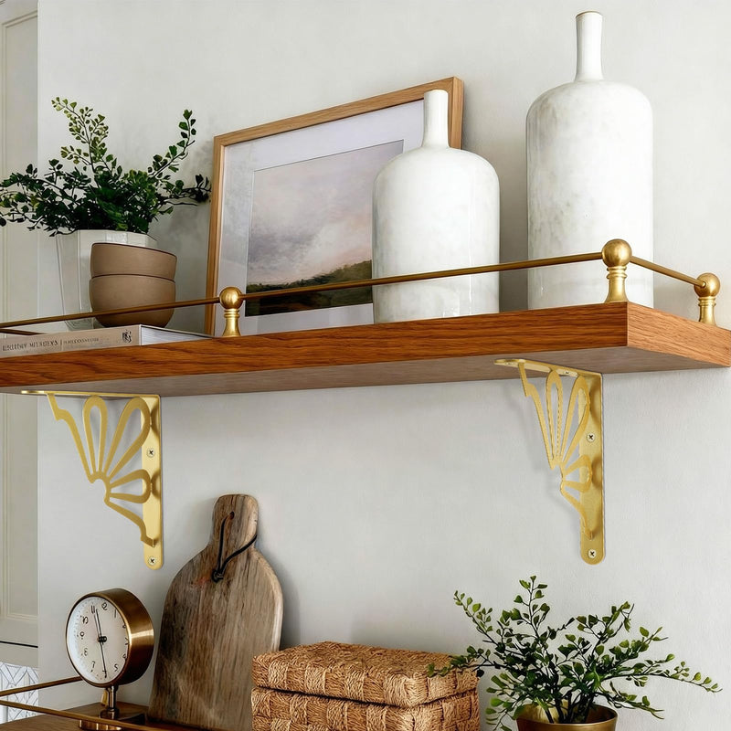 Lounsweer 2 Pcs 8inch Decorative Gold Shelf Bracket Heavy Duty Wall Mounted Support Modern Metal Floating L Shaped Shelf Rack with Hardware for DIY Kitchen Shelving Wall Decor Sun