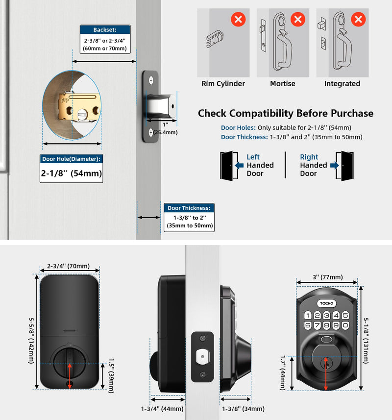 TEEHO TE002 Fingerprint Door Lock - Keyless Entry Door Lock - Electronic Keypad Deadbolt - Smart Locks for Front Door - Auto Lock - Easy Installation - Matte Black