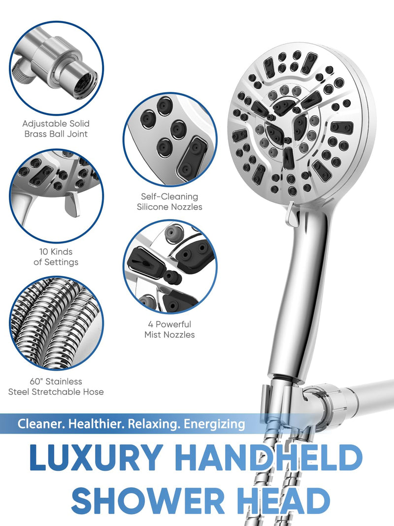 Pavezo® High Pressure Shower Head Handheld 5" Large, Extra Long 60" SS Hose 10-mode Portable Detachable Shower Head with Hard Water Filter for Bathroom, Anti-clog & Powerful to Clean Tile & Pets Chrome