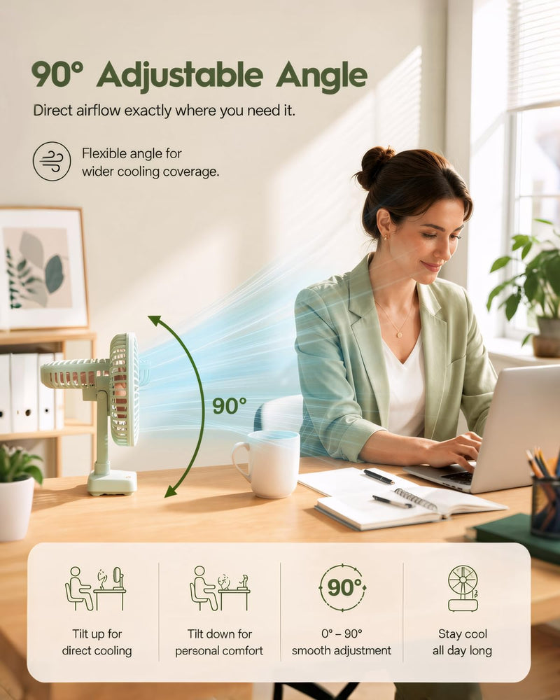 Funme Desk Fan, 10000mAh Rechargeable Table Fan with 29H Max Runtime, 3 Speeds, 90° Adjustable Tilt, Quiet Personal Desk Fan, Portable Desktop Fan forHome Office Bedroom Kitchen, Green Flagship Model