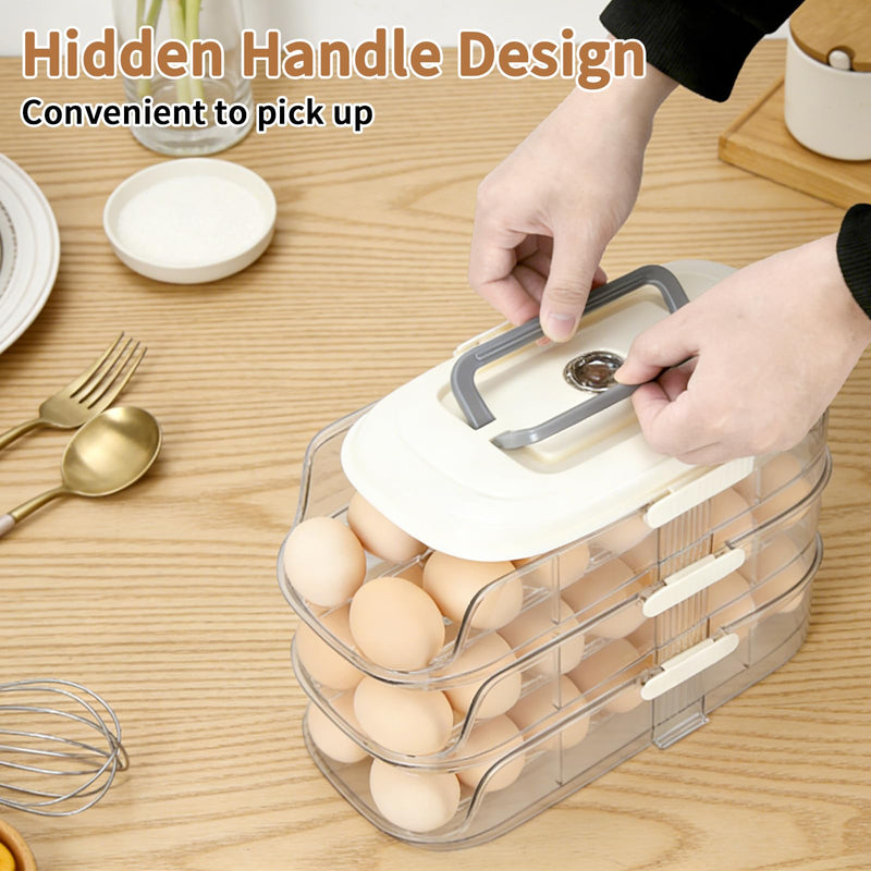 Egg Dispenser for Refrigerator, 3-Layer Clear Plastic Egg Holder Adopt Transparent PET Material & Hidden Handle Design – Egg Organizer for Refrigerator with Cover Lock Buckle (Capacity of 42 Eggs) Capacity of 42 Eggs