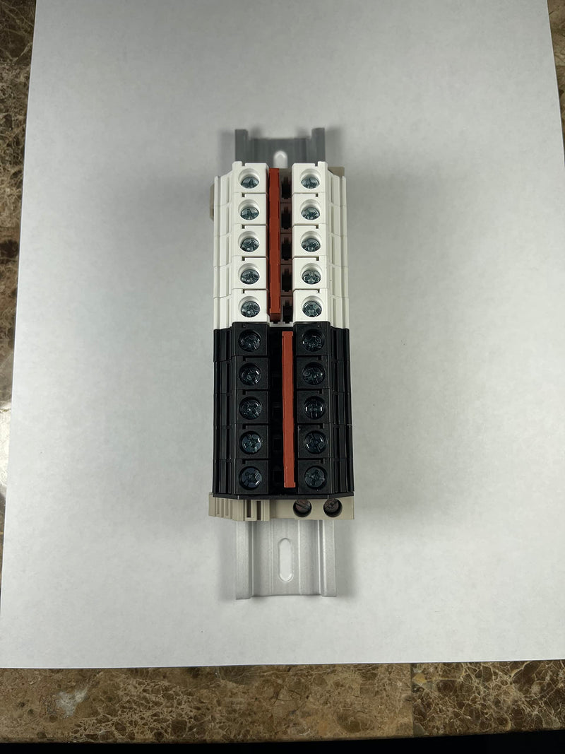 Dinkle Combiner DK10N White/Black 10 Gang with Jumpers Inserted DIN Rail Terminal Blocks, 6-20 AWG, 60 Amp, 600 Volt White Black Bus Bar Busbar