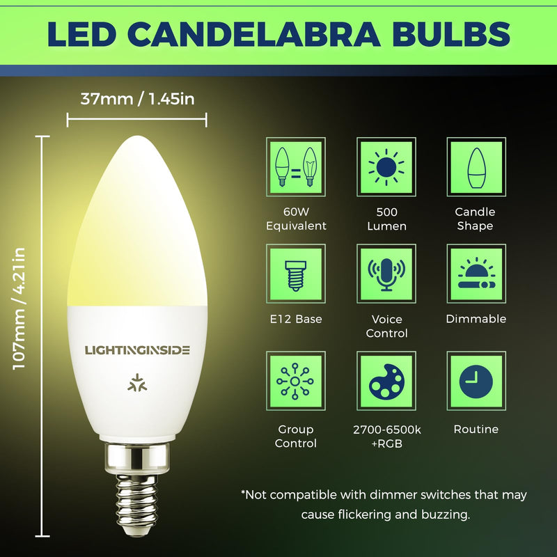Lightinginside Matter E12 Smart Light Bulbs 60W Equiv., Compatible with Alexa/Apple Home/Google Home/SmartThings, RGBCW Candle Candelabra Chandelier Bulb, 2.4G WiFi, ETL Listed, Hub Required, 4PCS