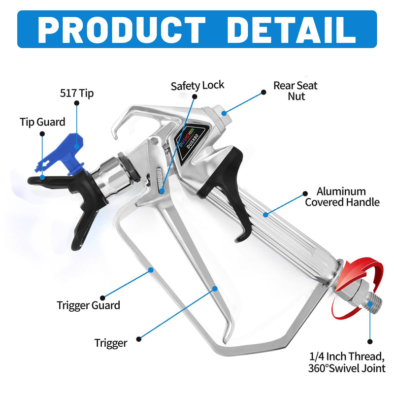 DUSICHIN Airless Paint Primer Spray Gun High Pressure 3600PSI Reversible 517 Tip Guard Swivel Joint 10 inches Extension Airless Paint Sprayer Accessories for Graco Titan Airless Paint Sprayer DUSX80