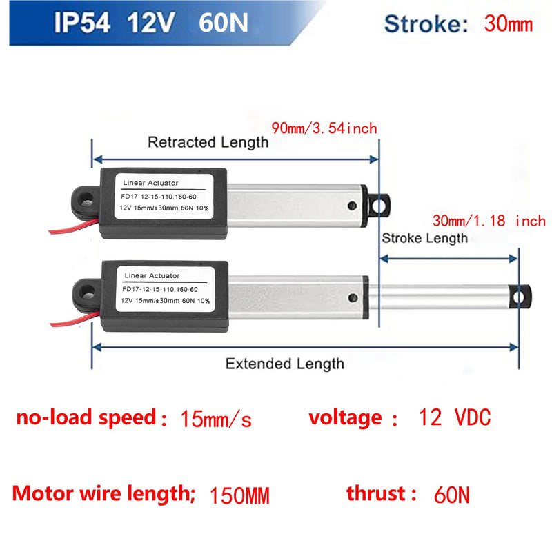 AWINLI Mini 12V 1.2Inch Line Actuator,Speed 15mm/s, 60N/13.4LBS,Waterproof Linear Motion Actuator,with Remote Lever Switch,Mounting Bracket,Suitable for Micro Equipment,Cabinet (30mm) 30mm Mini12V