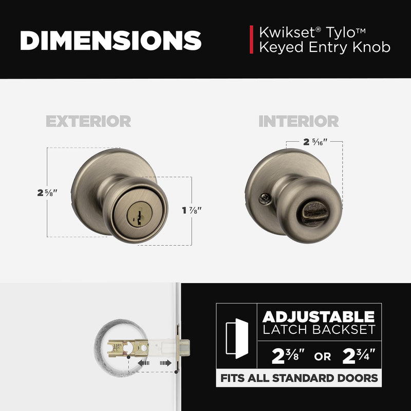 Kwikset Tylo Entry Door Knob with Lock and Key, Secure Keyed Handle Exterior, Front Entrance and Bedroom, Antique Brass, Pick Resistant SmartKey Rekey Security and Microban Updated Packaging