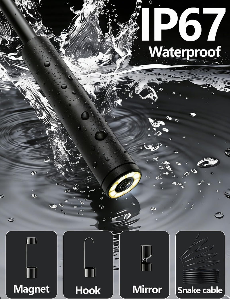 5.5mm Endoscope Camera, 1920P HD Borescope with 8 Adjustable LED Lights, Semi-Rigid Snake Cable, IP67 Waterproof, 16.4ft Single Lens for iOS & Android