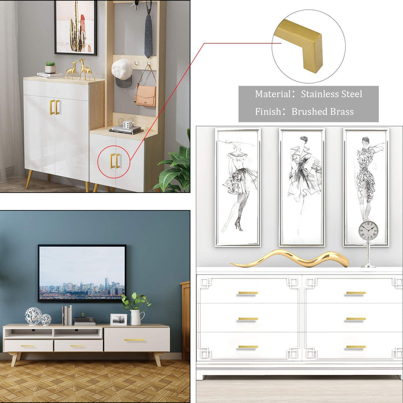 goldenwarm 5 Inch Gold Cabinet Pulls 10 Pack Brushed Brass - LSJ12GD128 Gold Cabinet Handles Square Brushed Gold Kitchen Hardware Pulls for Dresser Drawers 5in hole centers