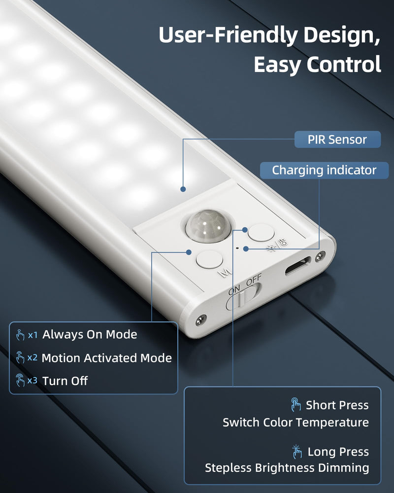 14.5inch Under Cabinet Lights, Wireless Closet Light, Motion Sensor, 3500mAh Rechargeable Battery, Magnetic, 3 Color Temps, 5 Levels Dimmable, Under Counter Lights for Kitchen (2 Pack) 14.5inch 3 Color Light