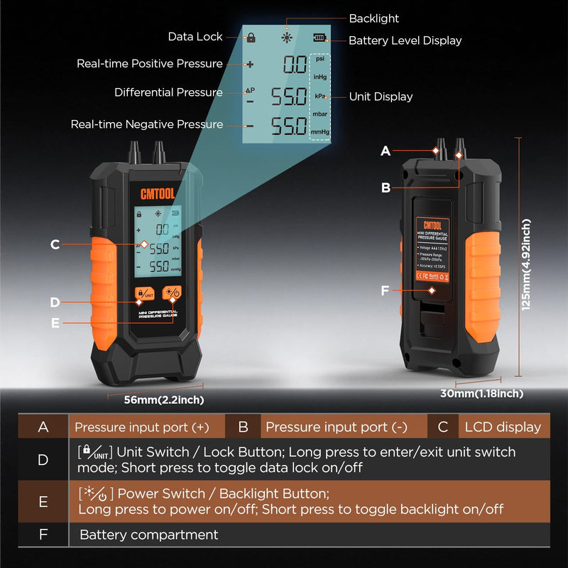 Manometer Gas Pressure Tester, Digital Manometer, -100-200Kpa, 6 Units Differential Pressure Gauge, Max/Min/Data Storage, 2-Port Tester for HVAC/Automotive Brake/Industrial/Lab Calibration (Mini) Mini