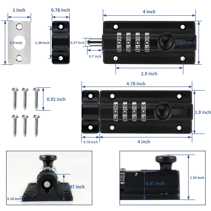 Combination Locking Bolt 2 Pack,Thickened Solid Zinc Alloy Combination Barrel Bolt,Safety Slide Latch Lock with Password Setting,for Shed,Garages,Fences,Iron Gate.(Black 4.8 inch) Black-2 Combination Locking Bolt