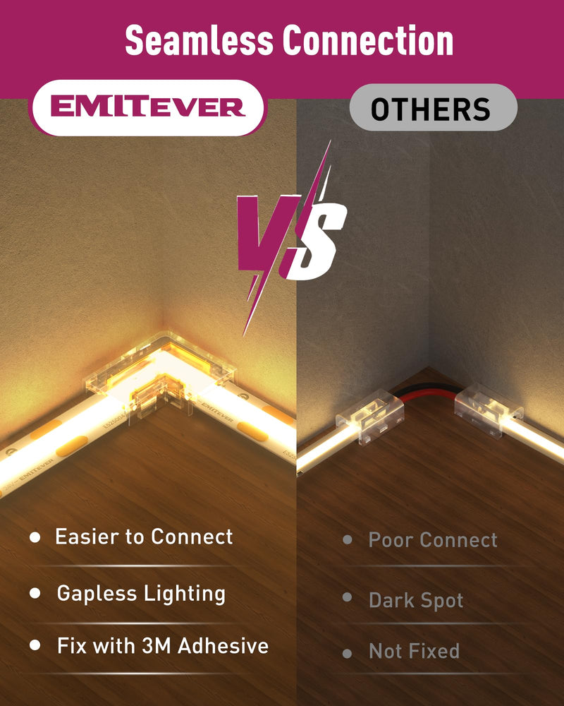 EMITEVER 8mm LED Strip Connectors 12pcs, Led Corner Connector L-Shaped Gapless Connection Solderless Transparent Tape Light Connectors for 2-Pin COB/SMD LED Strip Lights 5V 12V 24V 48V 8mm L-Shaped Corner Connector