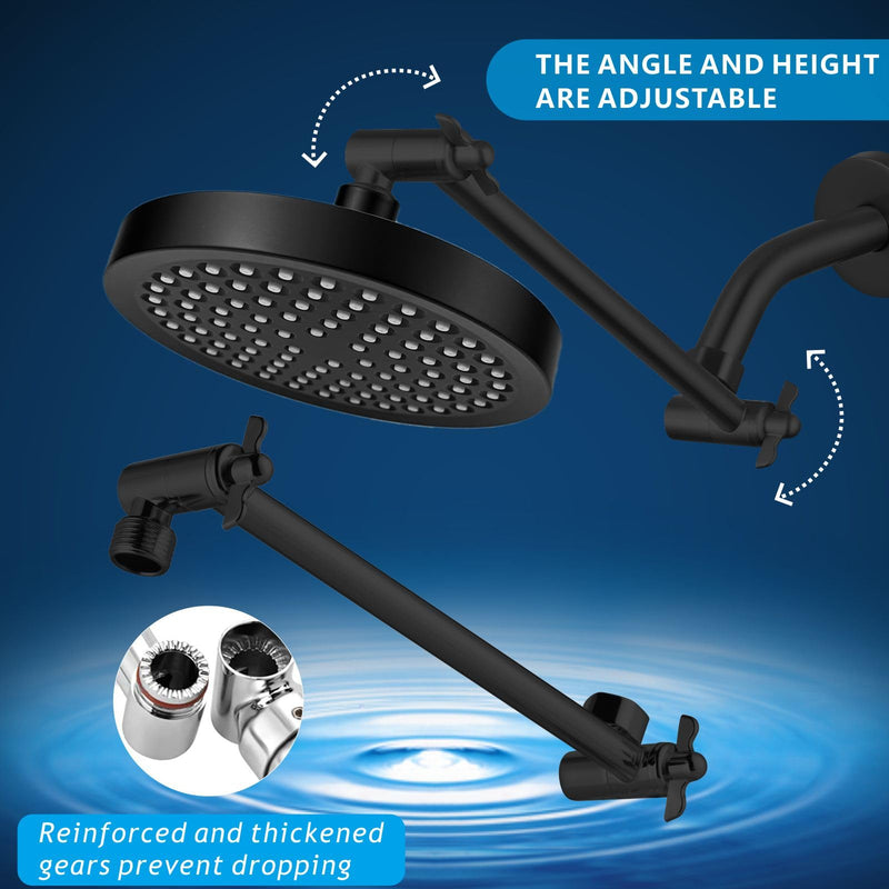 High Pressure Rain Shower Head with 11'' Extension Arm - High Flow Rainfall Showerhead - Luxury Modern Look - Pressure Boosting (Round, Matte Black) 6" Round