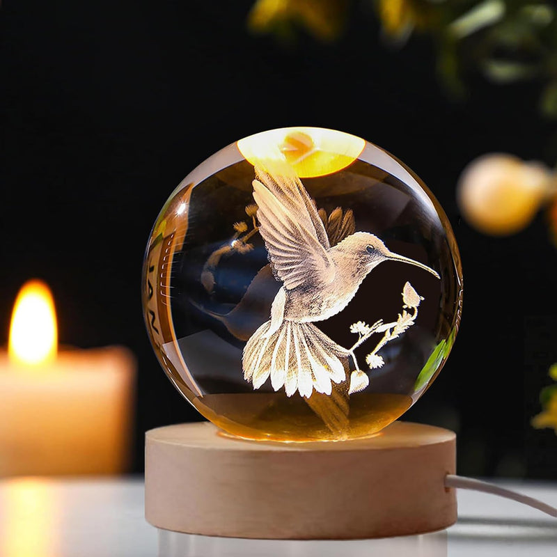 3D Laser Engraved Bird Crystal Ball with LED Stand, 60mm Hummingbird Figurine Lamp Night Light, Glass Hummingbird Globe Paperweight Gift Clear_bird