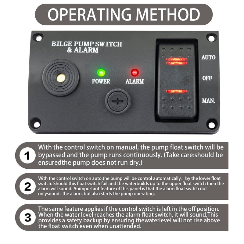 Bilge Pumps Switch for Boats,with LED Indicator Alarm,3-Way Auto-Off-Manual Switch w/Spring From Manual Position, Black ABS Panel,12V DC