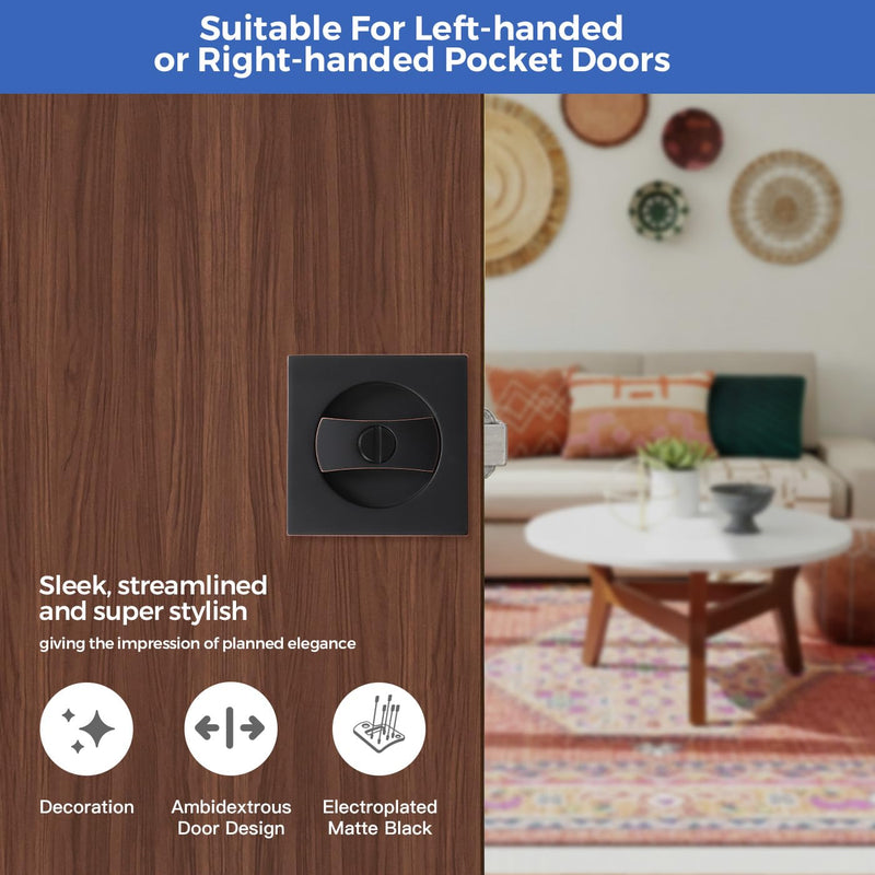 Oil Rubbed Bronze Pocket Door Hardware with Privacy Lock & Latch - Contemporary Style for Square Pocket Doors(1 Pack) Oil Rubbed Bronze