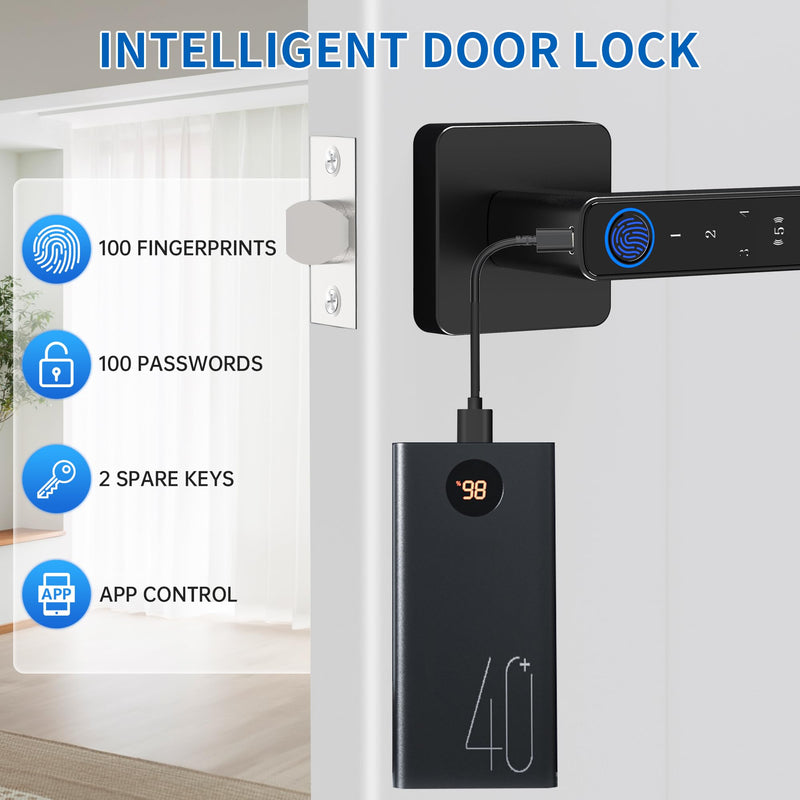 Fingerprint Door Lock-Smart Door knob, Biometric Door Locks,with App/Code/Backup Key/Fingerprint/IC Card, Smart Door Knob Keyless Entry Door Lock with Handle for Home Hotel Office Apartment Bedroom Black