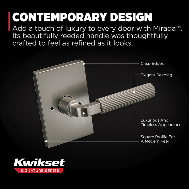 Kwikset Mirada Reeded Interior Privacy Door Handle with Lock, Handle for Bathroom and Bedroom, Satin Brass, Reversible Keyless Push Button Lock, with Microban Protection 1 Pack