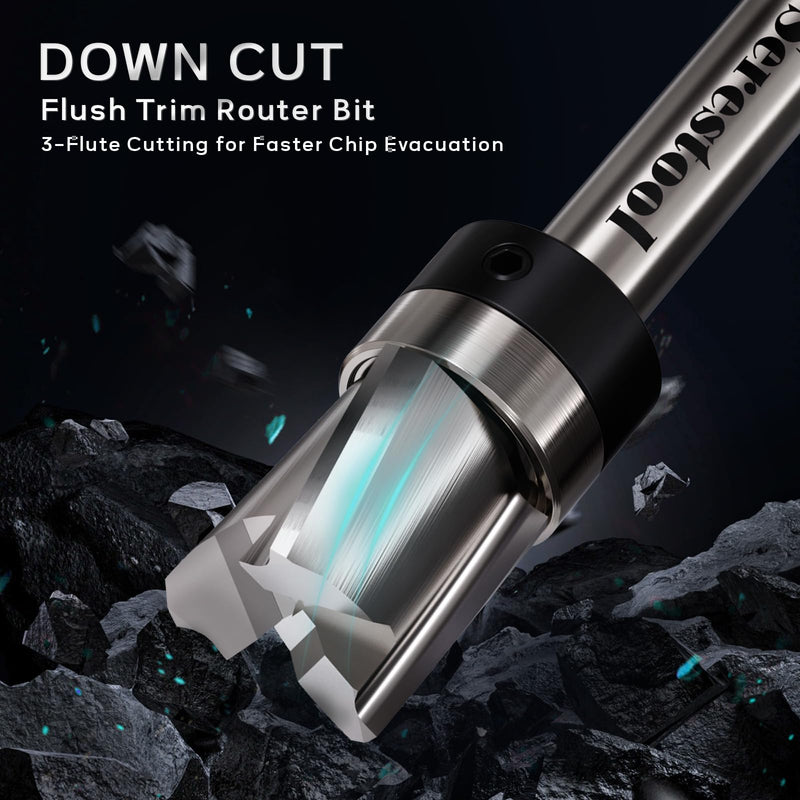 Top Bearing Flush Trim Router Bit 1/4 Shank, 1/2" Cutting Diameter, 1/2" Cutting Length, 3 Flutes Down Cut, Carbide Spiral Pattern Template Bit for Wood Trimming 1/4"x1/2"x1/2"