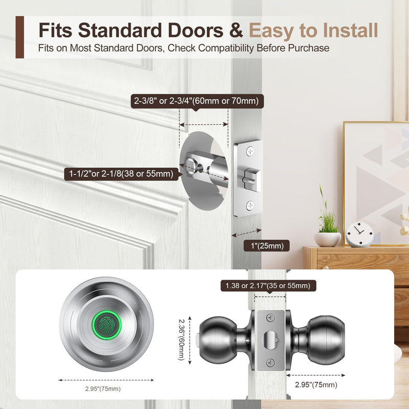 Fingerprint Door Lock，Smart Door Knob, Smart Lock Biometric Door Lock Fingerprint Door knob with App Control Suitable for Bedroom,Utility Room,Apartments Offices,Hotels(Silver) Silver