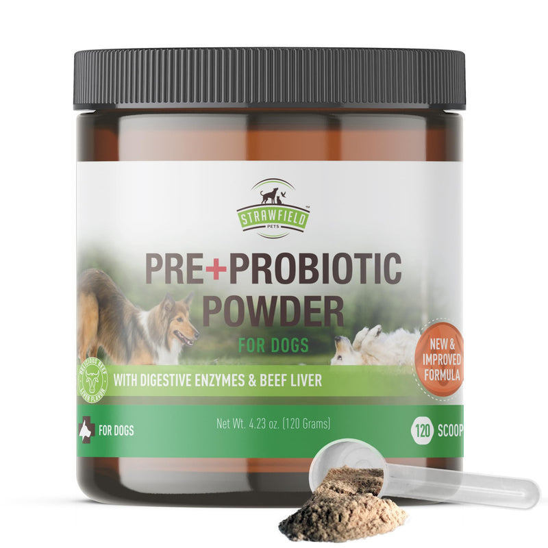 Strawfield Pets Pre + Probiotic Powder for Dogs with Digestive Enzymes Dog Probiotics for Yeast, Itchy Skin and Itchy Ears Natural Beef Liver Flavor 120 Scoops