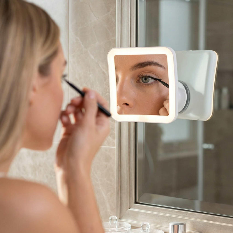 Fancii 10X Magnifying Lighted Makeup Mirror - Daylight LED Vanity Mirror - Compact, Cordless, Locking Suction, 6.5" Wide, 360 Rotation, Portable Illuminated Bathroom Mirror (Square) White