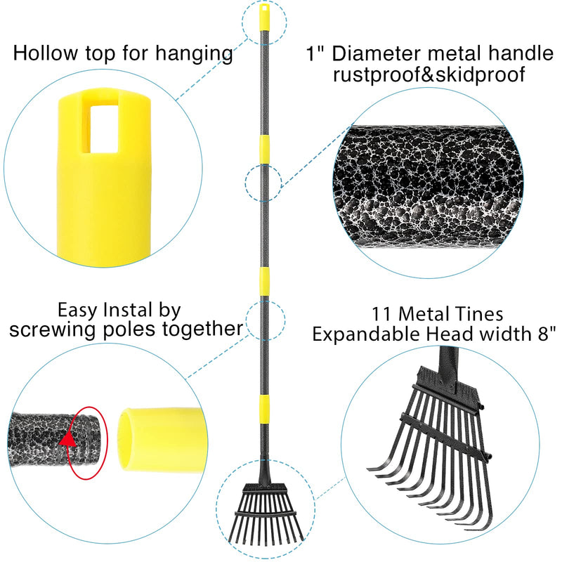 Oliynedy Leaf Rake for Gardening, Adjustable Metal Garden Rake for Leaves Long Handle 30-60", 11 Tines 9" wide Small Lawn Collapsible Yard Adult Kids Rake for Camping Flower Beds Mulch Shrub 30-60"