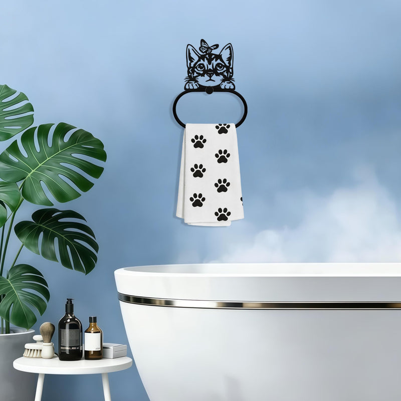 Black Metal Peeping Cat & Butterfly Wall Mounted Towel Ring, Funny Design Decor Accessories, Artistic Animal Towel Holder Decorative Gift for Cat Lovers, Home Kitchen Restroom Laundry Room